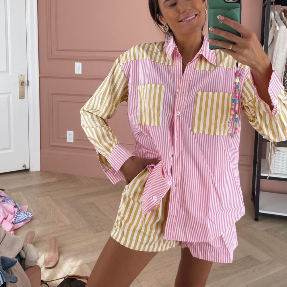Striped Pink and Yellow Button-Up Shirt and Shorts Set